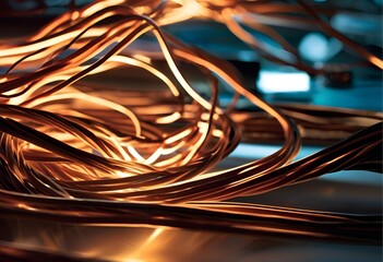 Close-up of intertwined copper wires with a warm, metallic sheen, creating an abstract, industrial texture.
