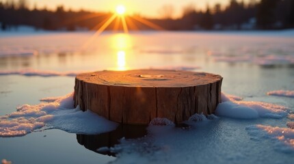 Wooden log pedestal on frozen lake at sunset with forest background