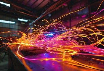 Dynamic long exposure photography of glowing orange and purple light trails, resembling flowing energy or wires. 