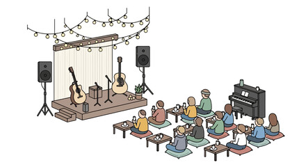 Intimate music venue with stage, piano, guitars, and audience enjoying drinks, perfect for showcasing live entertainment or cozy social gatherings