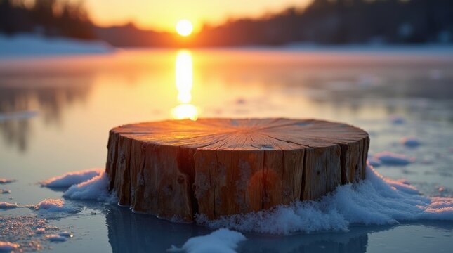 Wooden log pedestal on frozen lake at sunset with forest background - Powered by Adobe