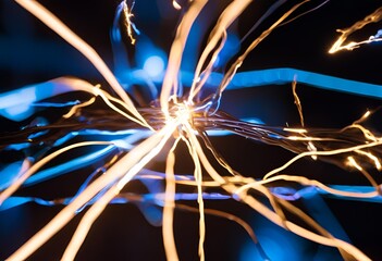 Dynamic abstract image showcasing flowing lines of glowing orange and blue energy against a dark background. 