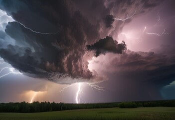 breathtaking supercell thunderstorm rages across a vast, dark sky, illuminated by numerous brilliant lightning bolts striking the horizon.