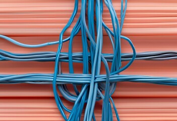 messy bundle of blue and gray electrical cables intricately tangled against a textured peach wall. 