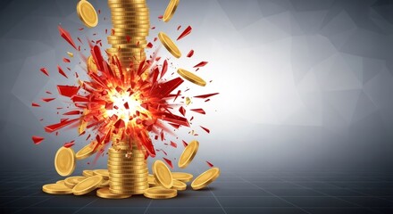 Gold coin stack exploding with red shattered pieces. Currency collapse and financial crisis concept for economic downturn and inflation.