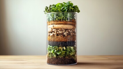 Clear glass container showing layered organic composting materials
