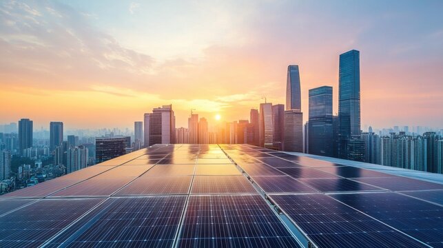 City Skyline With Solar Panels at Sunrise Showing Energy Efficiency - Powered by Adobe