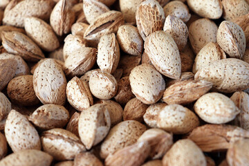 Whole almonds in shells close up natural texture