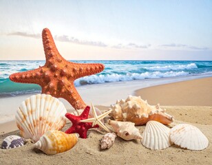 Seashells on a beach at sunrise