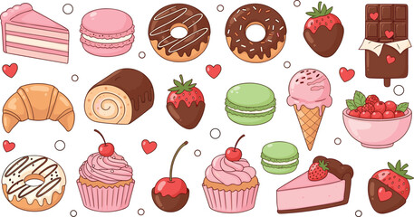 Dessert illustration, cake, donut, macaron, chocolate, ice cream, cupcake, croissant, berries, sweets collection, flat vector illustration
