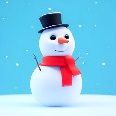 Cheerful 3D Snowman with Top Hat and Red Scarf