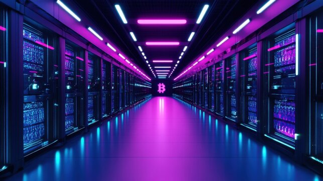 Data Center with Neon Lights Mining Cryptocurrency Bitcoin - Powered by Adobe