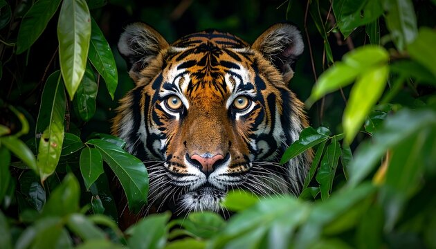 A tiger stares intensely from lush green foliage, its gaze direct and captivating