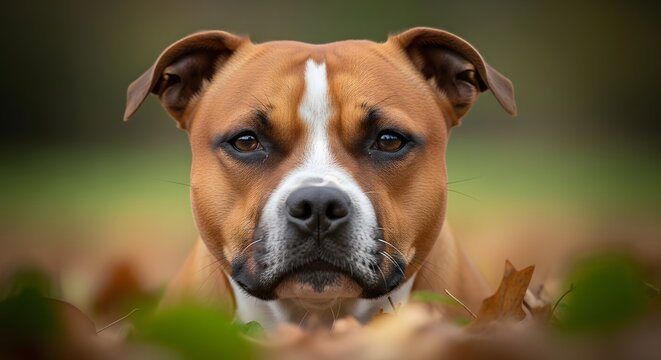 Portrait of a Staffordshire Bull Terrier dog focused and alert lying in autumn leaves