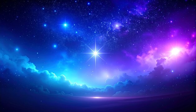 A vibrant night sky with stars and nebula over clouds and land, glowing with bright shades of blue and purple
