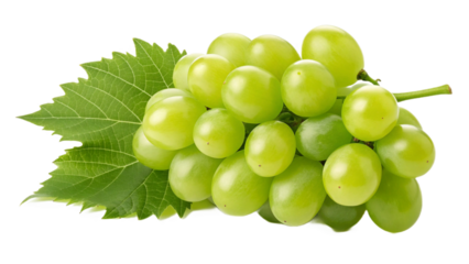 Green grapes cluster with leaf isolated on transparent background