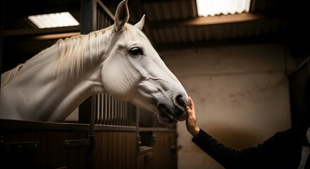Elegant white horse in stable a gentle touch connecting with nature