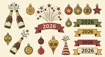 Celebrate the New Year 2026 with Festive Cheer: Champagne, Fireworks, and Ornaments for a Joyful Holiday Season, Perfect for Invitations and Greetings