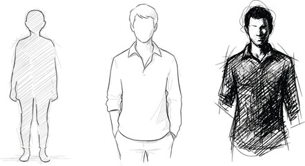Conceptual sketch triptych showing human identity, anonymity, and inner turmoil through contrasting black and white drawing styles
