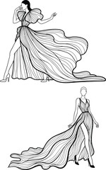 Fashion illustration of two elegant women in flowing evening gowns, showcasing sophisticated style, isolated on