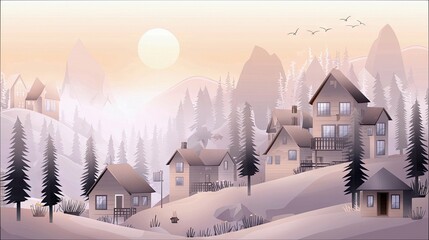 A serene mountain village with traditional houses nestled among pine trees, bathed in the soft glow of a sunrise and hazy atmosphere.