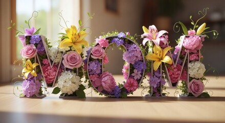 "MOM" Floral Letters with Colorful Spring Flowers. Beautiful Decoration for Happy Mother's Day Celebration