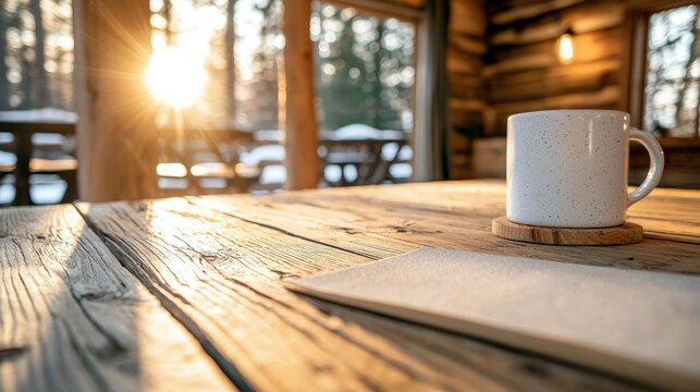 A white speckled mug sits on a wooden coaster on a rustic wooden table. Behind it, a cozy cabin interior with log walls and a warm lamp is visible. Through a la