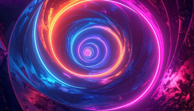 Abstract spiral with neon-lit edges in shades of blue, purple, orange creating a deep tunnel effect