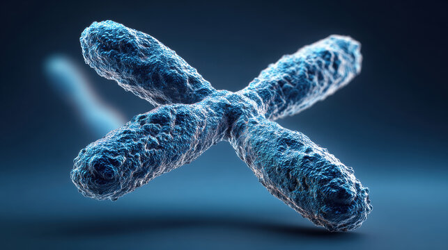 Detailed 3D rendering of a human chromosome against a blue background. illustration shows a close-up view of a chromosome, highlighting its intricate structure and form.