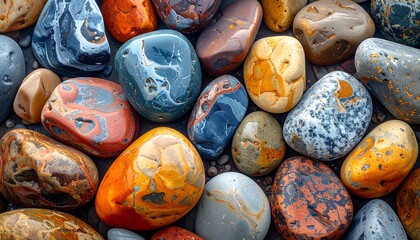 A tightly packed group of colorful, patterned, smooth river rocks creates a textured, natural mosaic