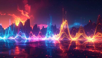 Abstract landscape with glowing waveforms over a reflective surface, set against a dramatic sky with colorful clouds