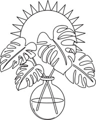 A minimalist line art illustration of Monstera leaves in a vase with the sun.