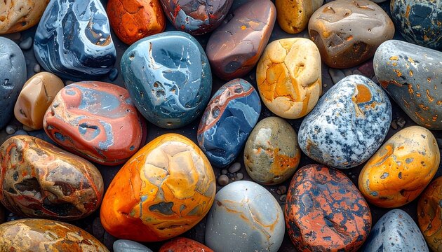 A tightly packed group of colorful, patterned, smooth river rocks creates a textured, natural mosaic