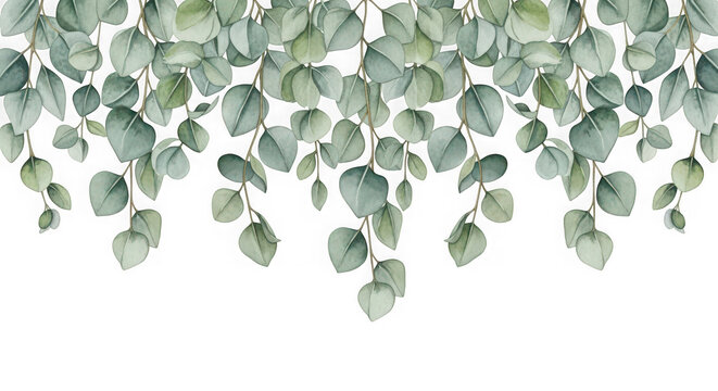 Watercolor eucalyptus branch garland border decoration isolated on transparent background