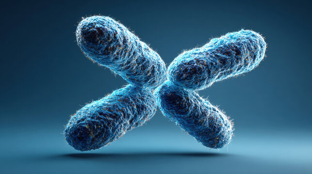 Detailed 3D rendering of a human chromosome against a blue background. illustration shows a close-up view of a chromosome, highlighting its intricate structure and form.