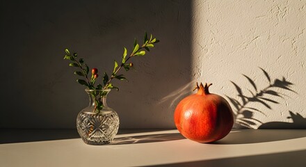 Pomegranate and crystal vase with branch still life composition illuminated by sunlight