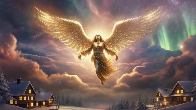 Epic wide-angle Christmas scene of a colossal angel descending through glowing clouds over a snowy village. Wings emitting radiant golden rays, surrounding sky filled with soft ethereal particles and 