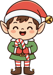 A cheerful and festive cartoon illustration of a happy little elf with a Santa hat holding a sweet candy cane
