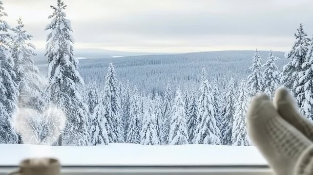 A serene and cozy winter scene unfolds from an indoor perspective, showcasing the ultimate comfort and relaxation. A person's feet, clad in warm knitted socks, are gently propped on a windowsill, over