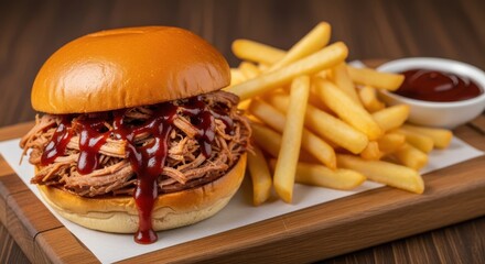 Closeup of a delicious pulled pork sandwich with barbecue sauce, served with golden french fries and ketchup on a wooden board