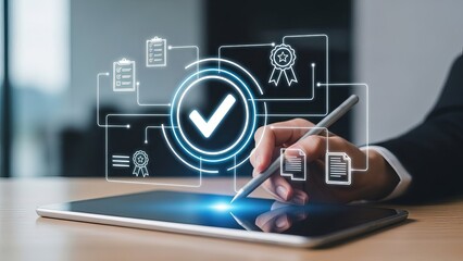 Hand using stylus on tablet with large glowing check mark hologram