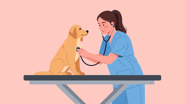A veterinarian carefully examining a cute golden retriever puppy on a check-up table - Powered by Adobe