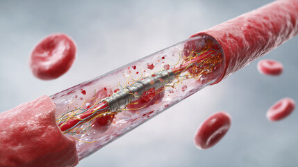Medical illustration of a blood vessel with a stent and red blood cells. detailed illustration shows a close-up view of a blood vessel with a stent and red blood cells flowing through it.