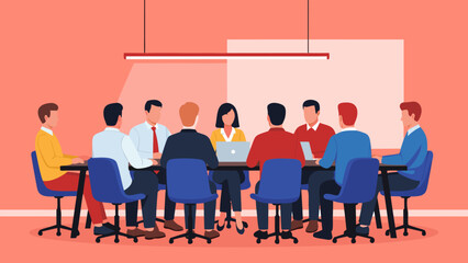 Diverse business team collaborating in a dynamic meeting, fostering teamwork and strategic decision-making in a modern conference room setup