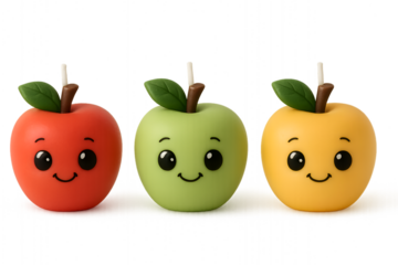 three cute apple shaped candles with smiley faces in red green and yellow colors isolated on white background