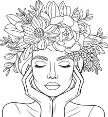 A line art illustration of a beautiful woman with her hands near her face and elaborate floral headpiece.