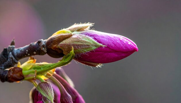 A vibrant, pink bud prepares to blossom, with fresh green leaves emerging from a textured, woody branch