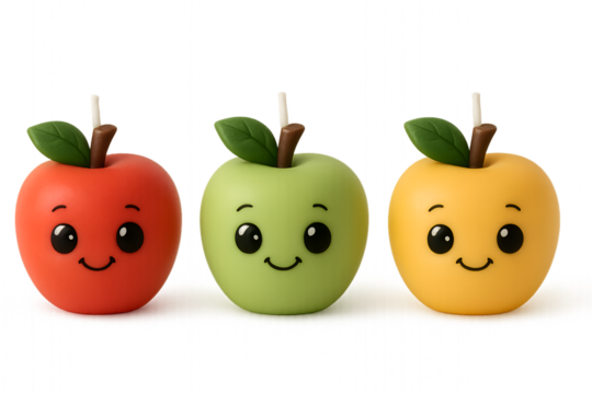 three cute apple shaped candles with smiley faces in red green and yellow colors isolated on white background