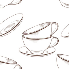 Seamless pattern of stack of white porcelain or ceramic tea cups and saucers as part of a table setting. Hand drawn vector illustration in minimalistic style for decoration of cafe,menu,packaging