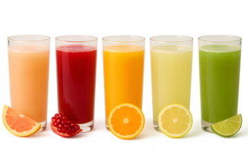 row of five glasses filled with fresh fruit juices and smoothies with sliced citrus fruits isolated on white background